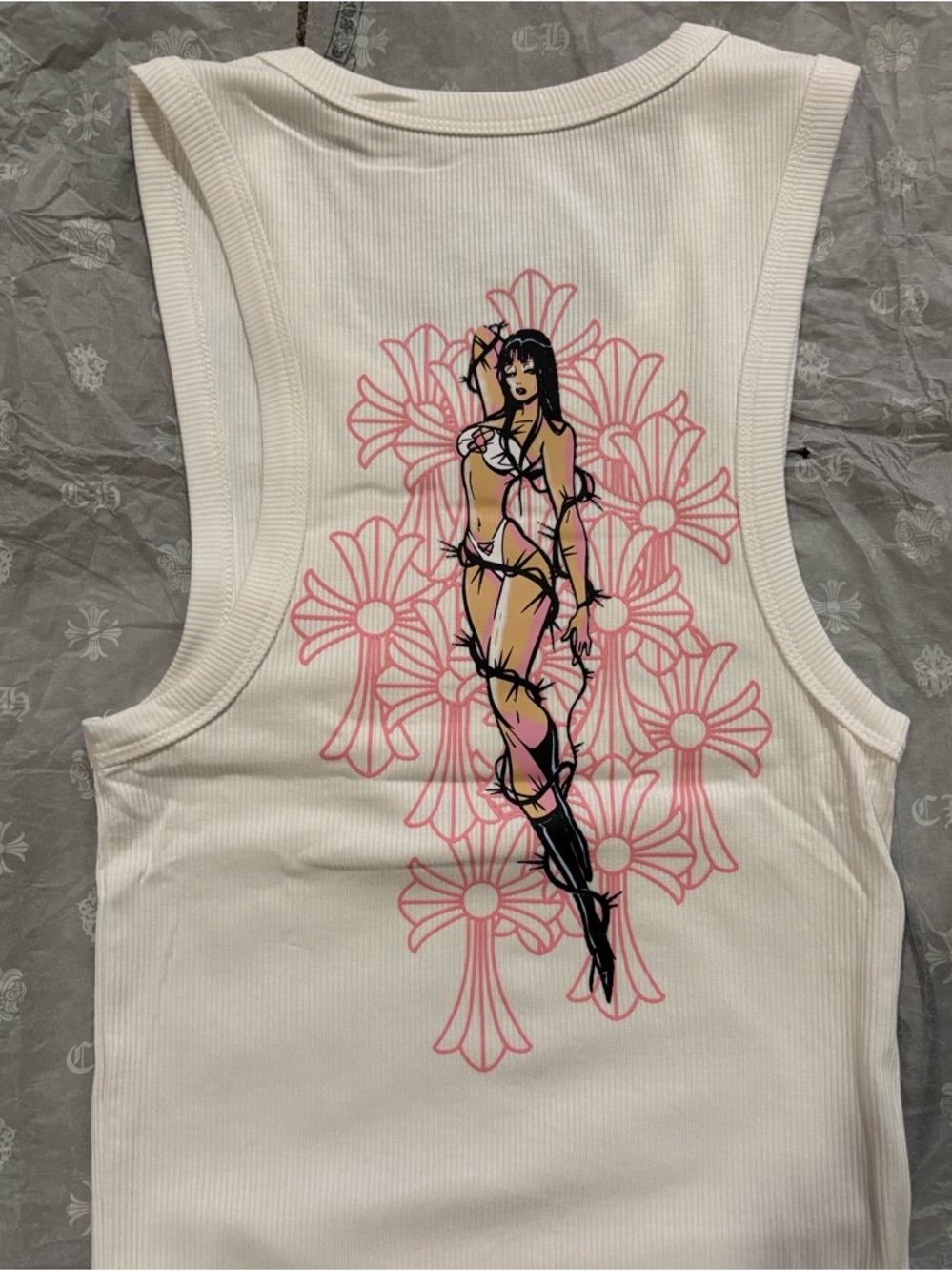 Chrome Hearts White Tee with Black Logo and Pink Accents